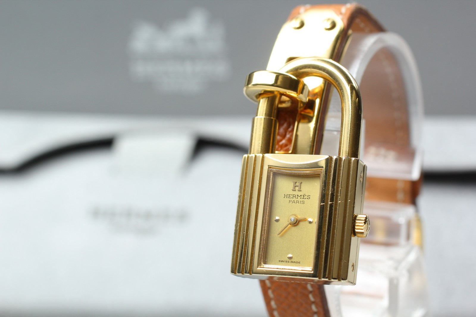 Vintage HERMES Kelly Watch Gold Brown Leather "U" Woman's Quartz Watch [Box]