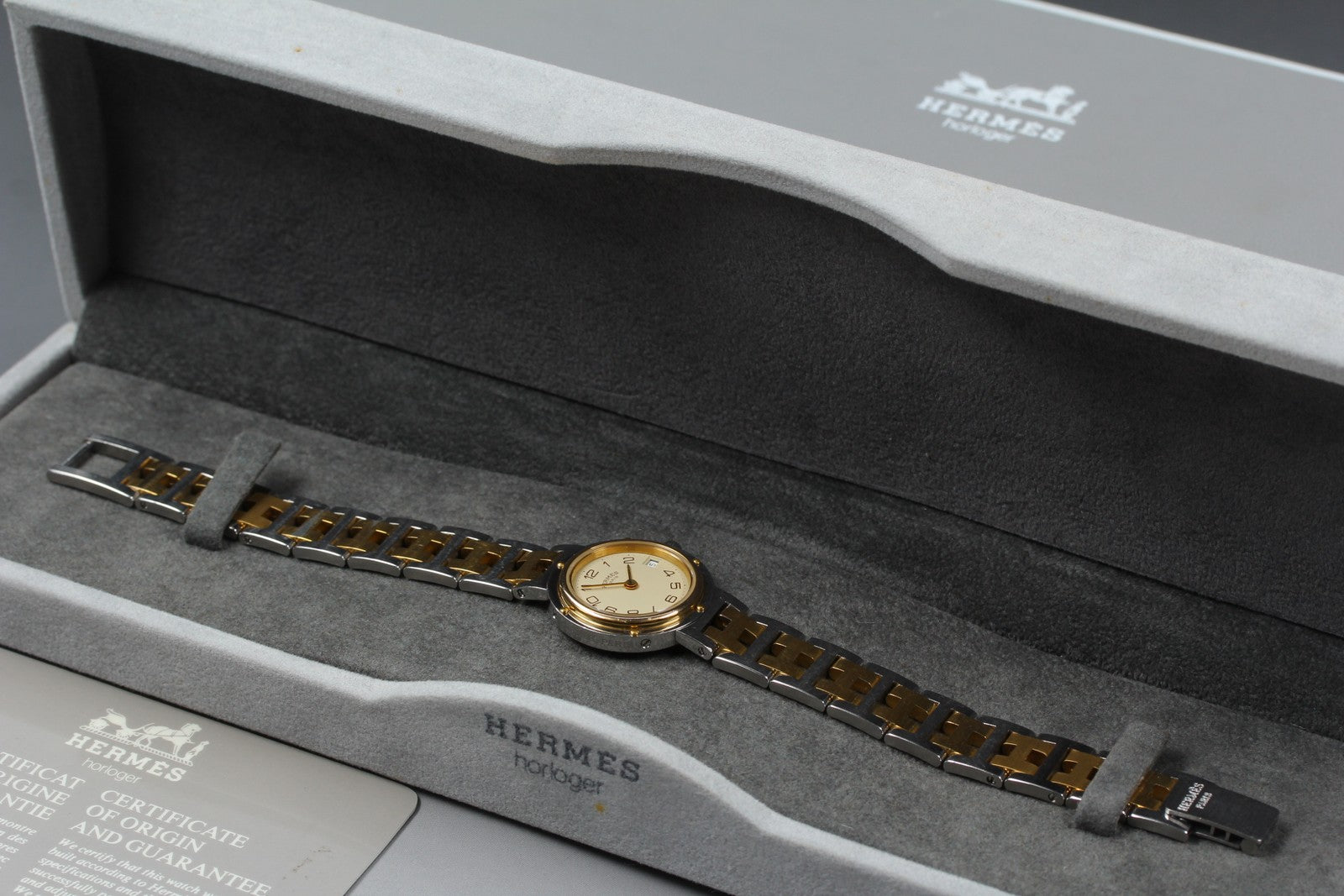 Vintage Hermes Clipper 24mm Ivory Dial Gold Woman's Watch Quartz [w /Box]