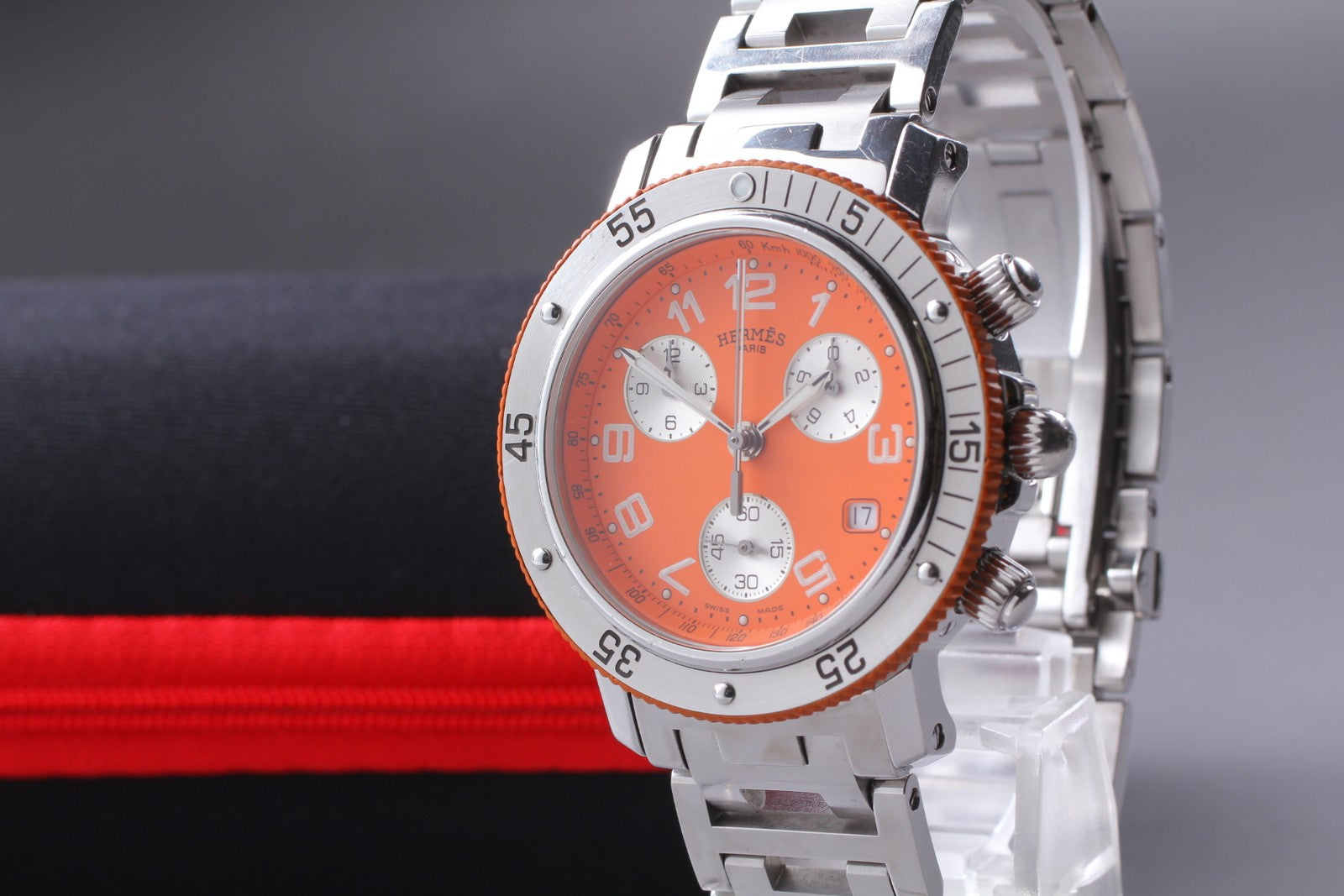 [Exc+5] HERMES Clipper CL2.916 Orange Dial Chronograph Quartz Men's Watch JAPAN