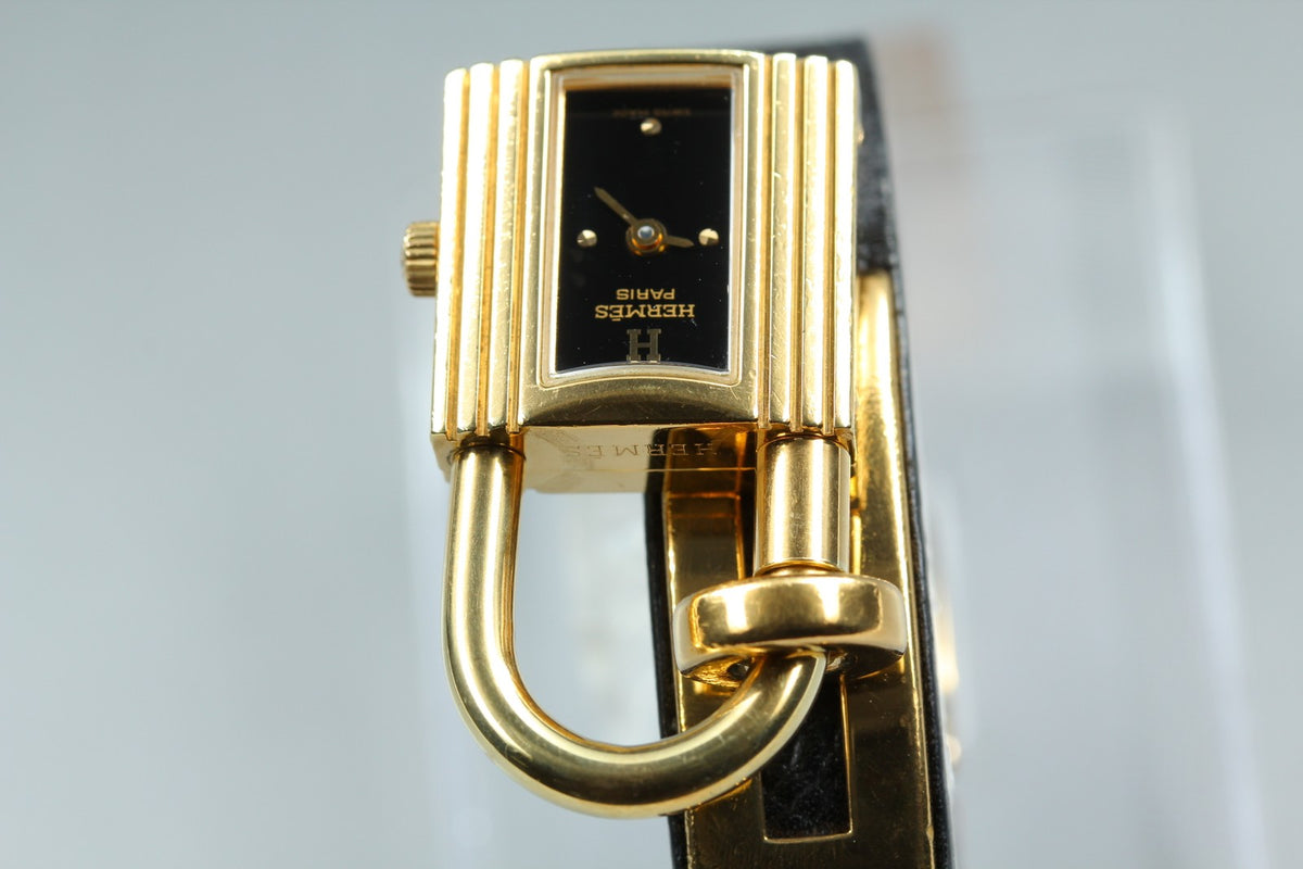 HERMES Kelly Watch Gold Black Leather "A" Woman's Quartz Watch Vintage [Box]