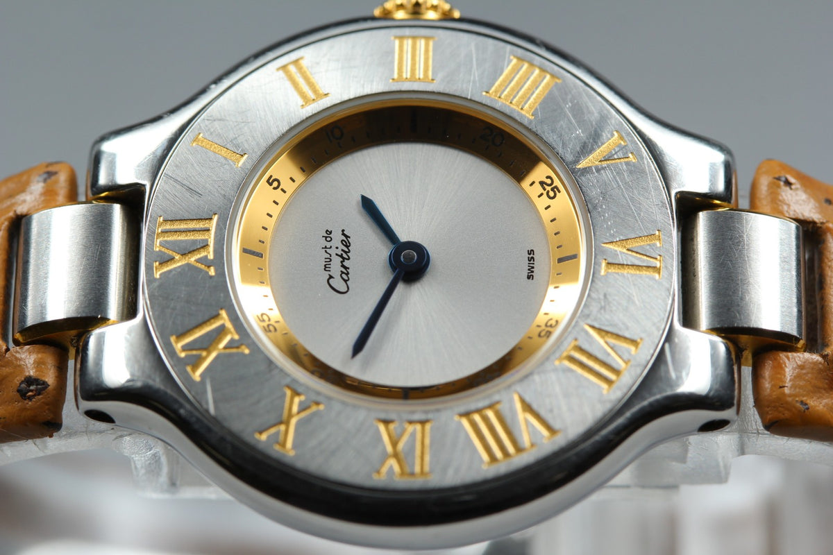 Vintage Cartier Must De 21 1340 Silver Quartz Women's Watch 27mm JAPAN Box
