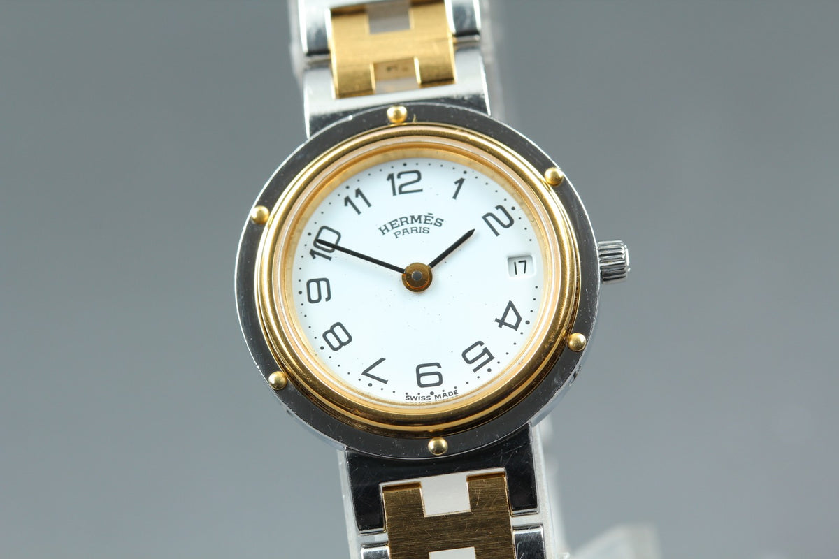 HERMES Clipper White Dial Gold Bracelet 24mm Woman's Quartz Watch Vintage