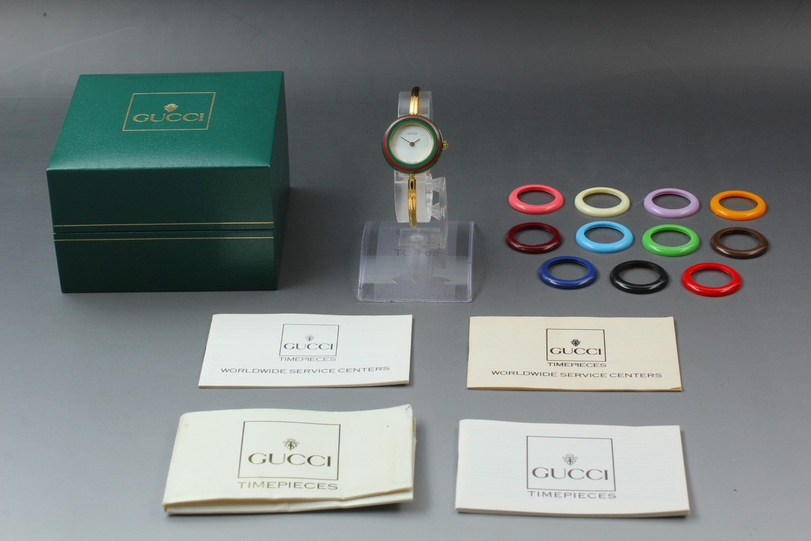 Vintage Gucci Change Bezel 11/12.2 12 Colors Gold Bangle Women's Qz Watch [Box]
