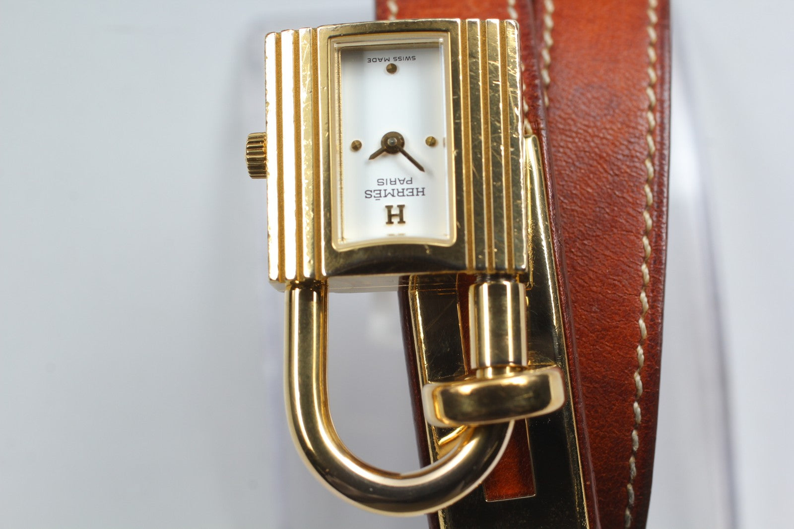 Overhauled [Exc+5 Box] HERMES Kelly Watch Gold Brown "I" Double Woman's Qz Watch