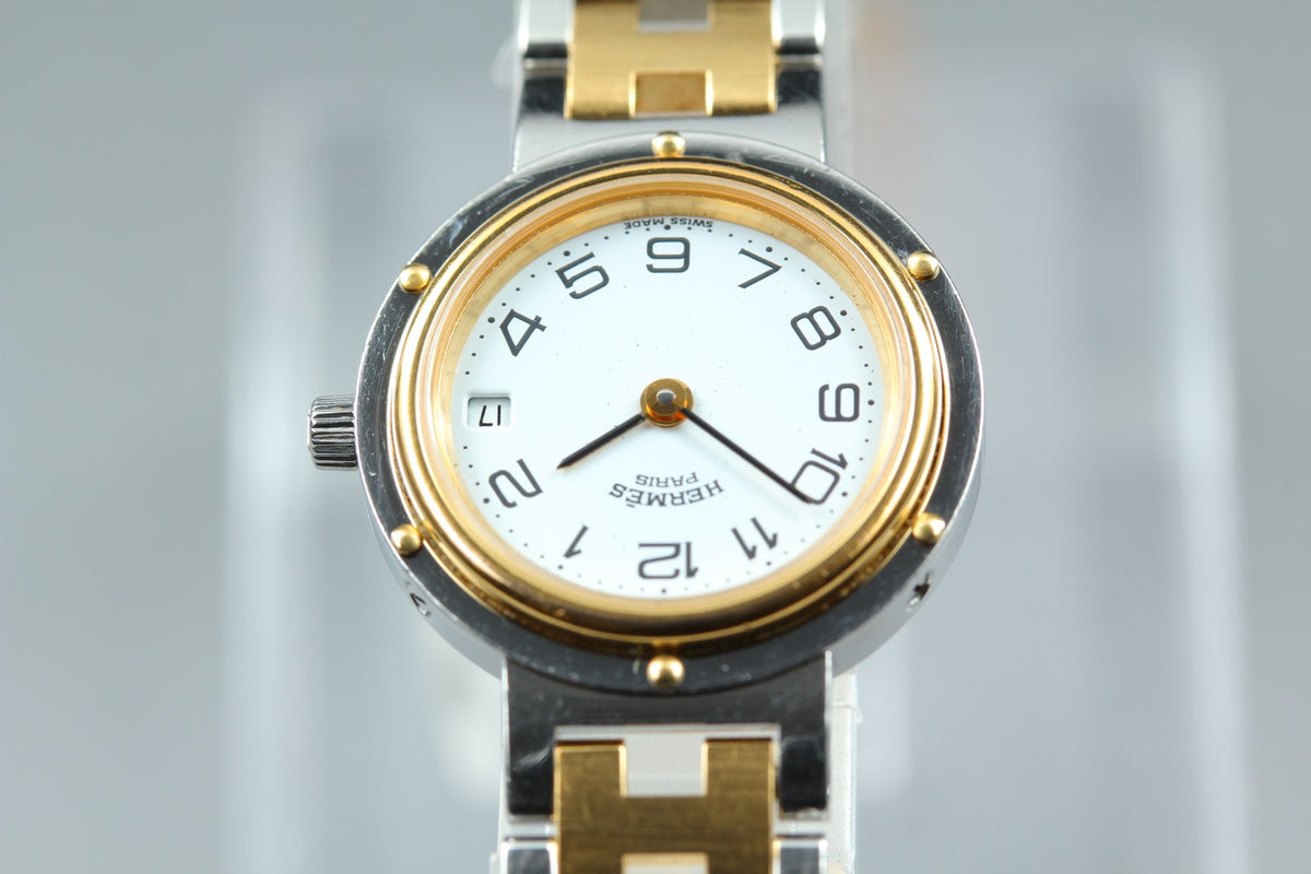 HERMES Clipper White Dial Gold Bracelet 24mm Woman's Quartz Watch Vintage