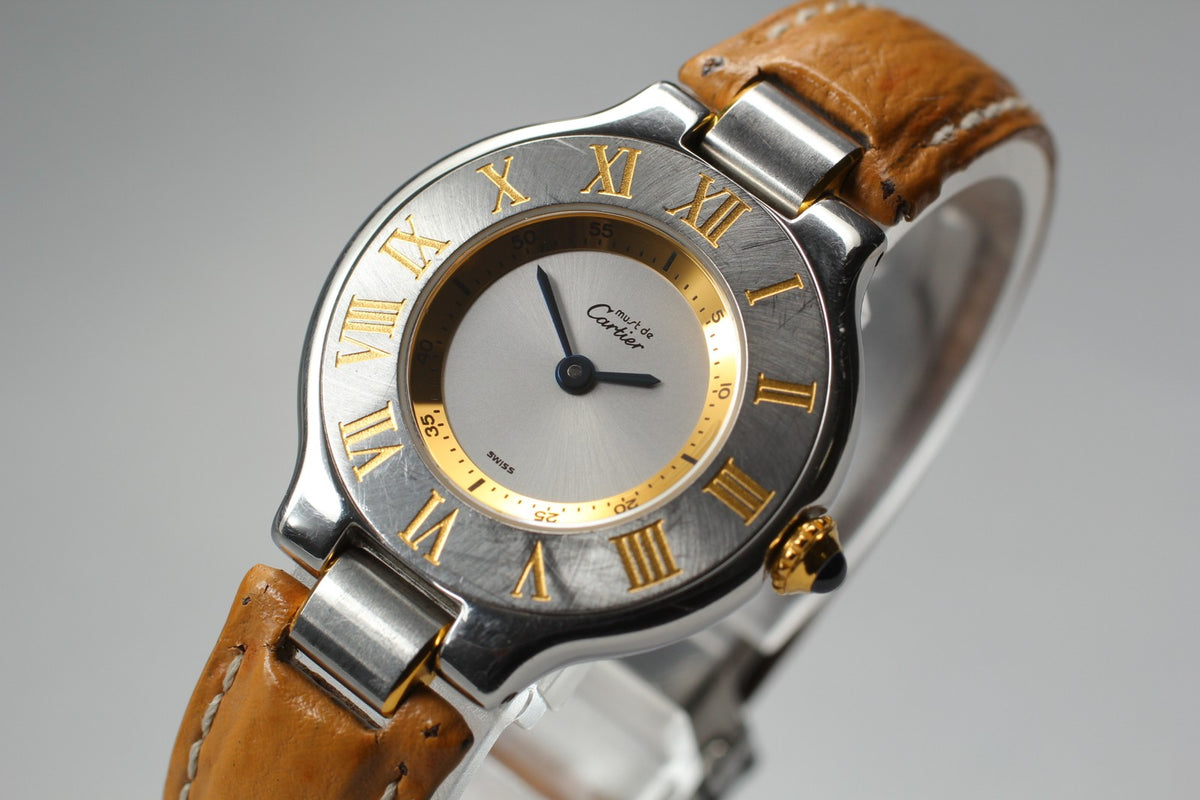 Vintage Cartier Must De 21 1340 Silver Quartz Women's Watch 27mm JAPAN Box