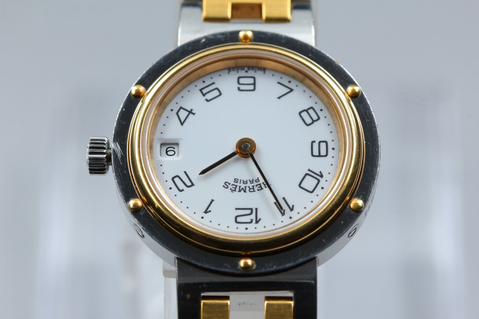 Vintage [Exc+5 Box] Hermes Clipper 24mm White Dial Gold Woman's Watch Quartz