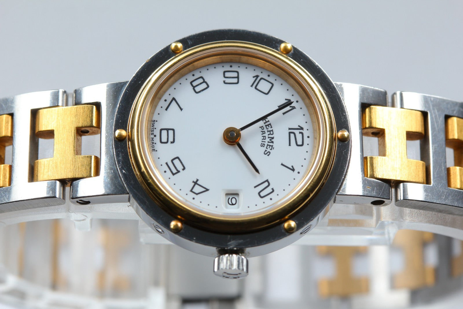 Vintage [Exc+5 Box] Hermes Clipper 24mm White Dial Gold Woman's Watch Quartz