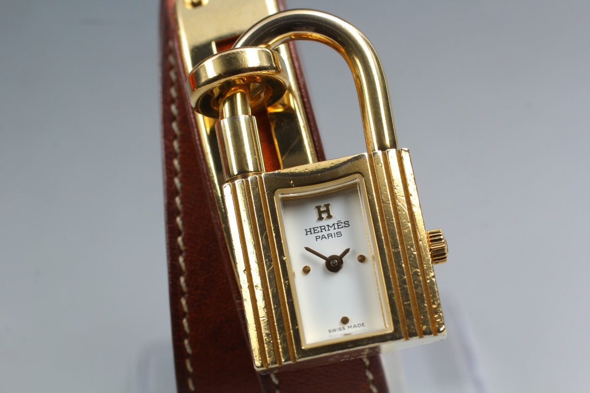 Overhauled [Exc+5 Box] HERMES Kelly Watch Gold Brown "I" Double Woman's Qz Watch