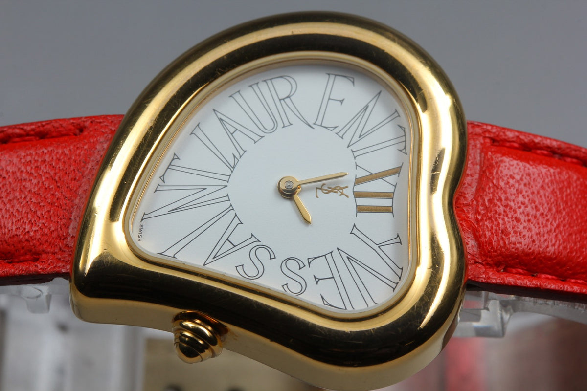 Yves Saint Laurent Heart Gold Red Leather 30mm Women's Watch Quartz Vintage