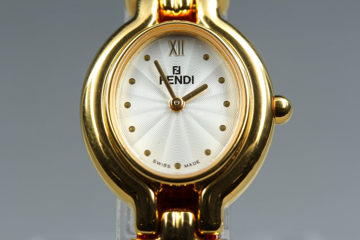 FENDI 640L Chameleon Red Leather Belt Gold 24mm Women's Quartz Watch Vintage