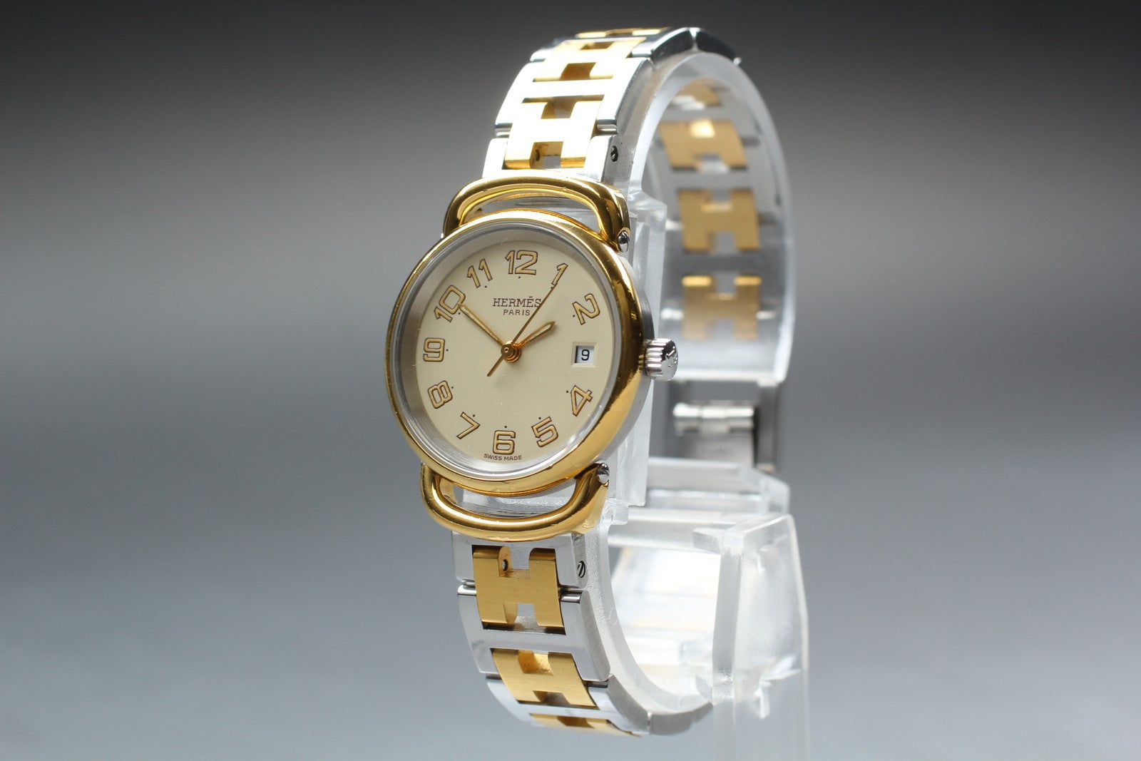 Vintage [Exc+5] Hermes Pullman Gold Ivory Dial 24mm Date Woman's Quartz Watch