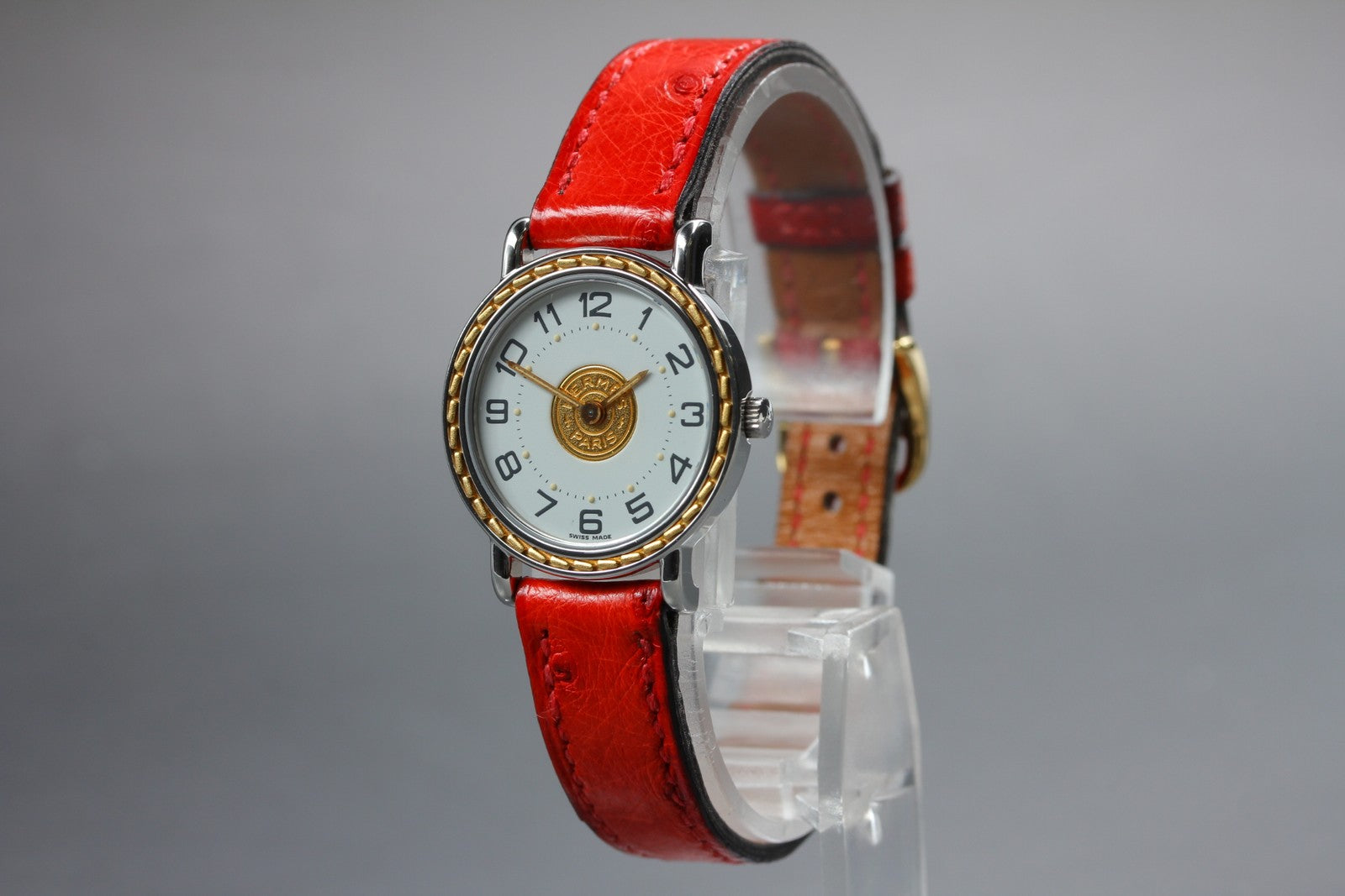 Vintage HERMES Sellier White Dial Red "T" 24mm Woman's Quartz Watch