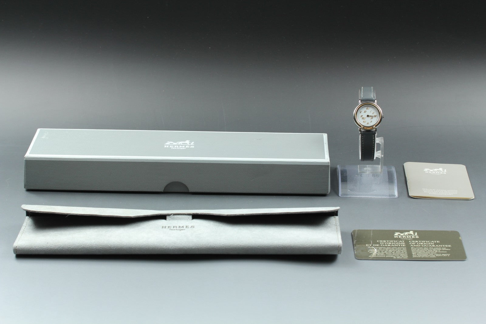 Vintage HERMES Meteor White Dial Gray "P" 24mm Woman's Watch Quartz  [w /Box]