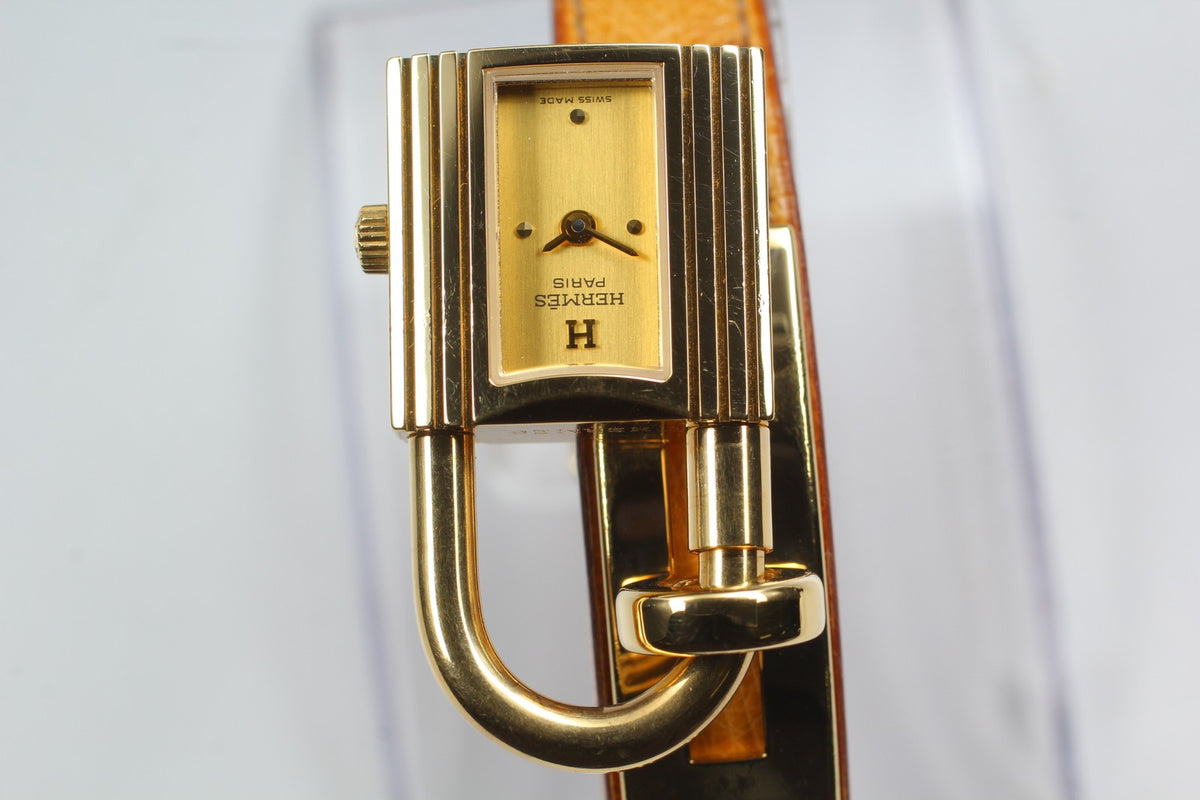 HERMES Kelly Watch Gold Brown Leather "Z" Woman's Quartz Watch Vintage [Box]