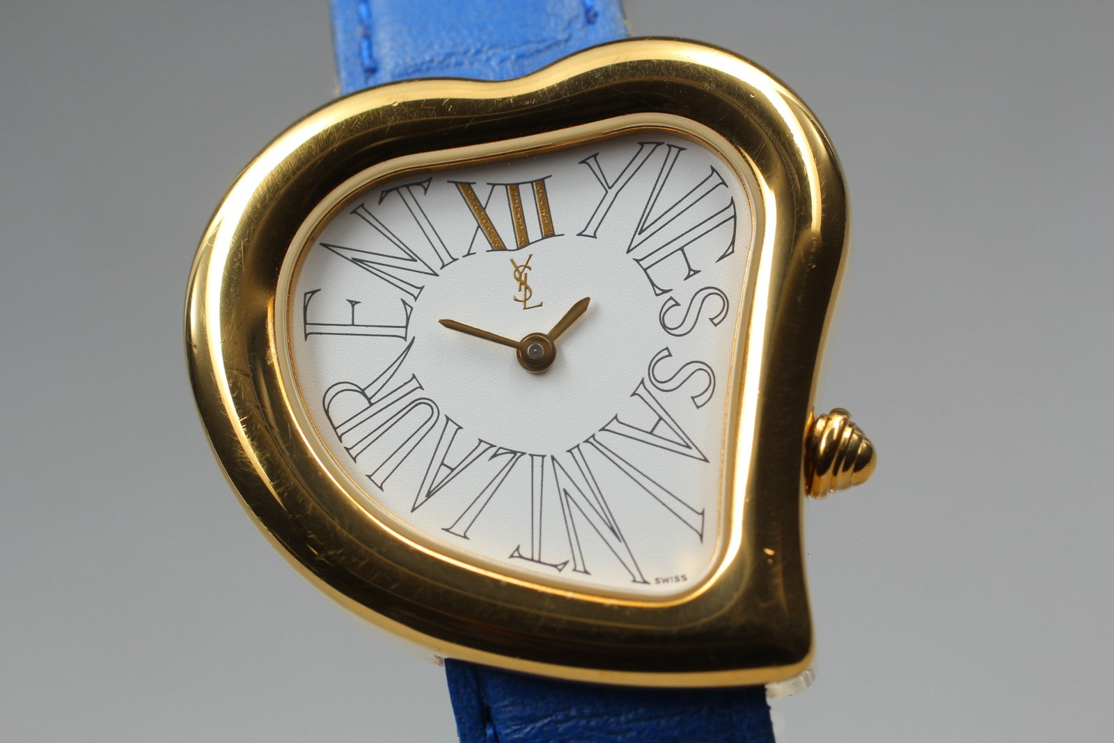 [Exc+5] Yves Saint Laurent Heart Gold Blue 30mm Women's Watch Quartz JAPAN