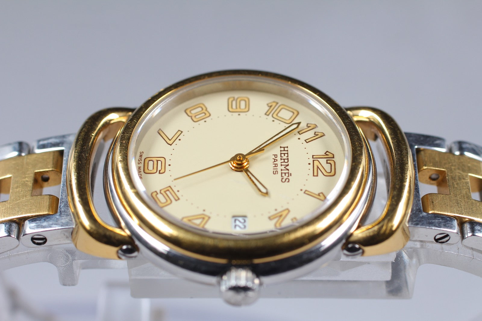 Vintage [Exc+4] Hermes Pullman PU2.240 Ivory Dial 24mm Date Woman's Quartz Watch