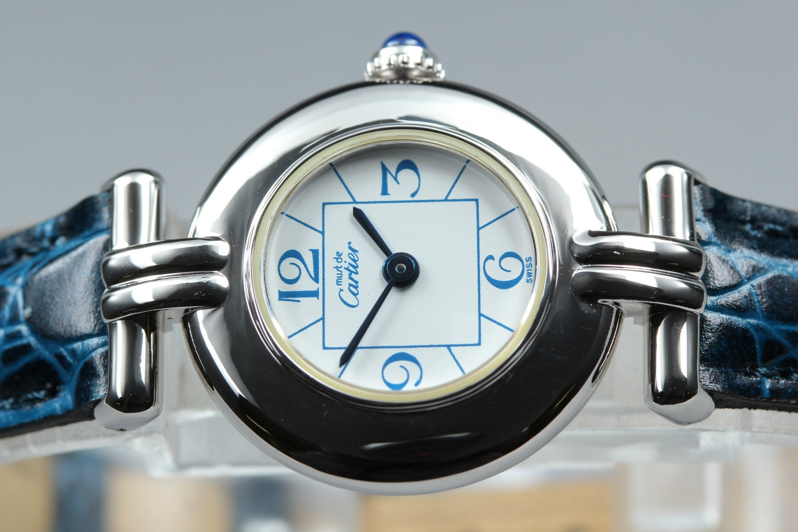 [Overhauled] Cartier Must Colisee Vermeil 2411 Silver Blue Womens Qz Watch Pouch