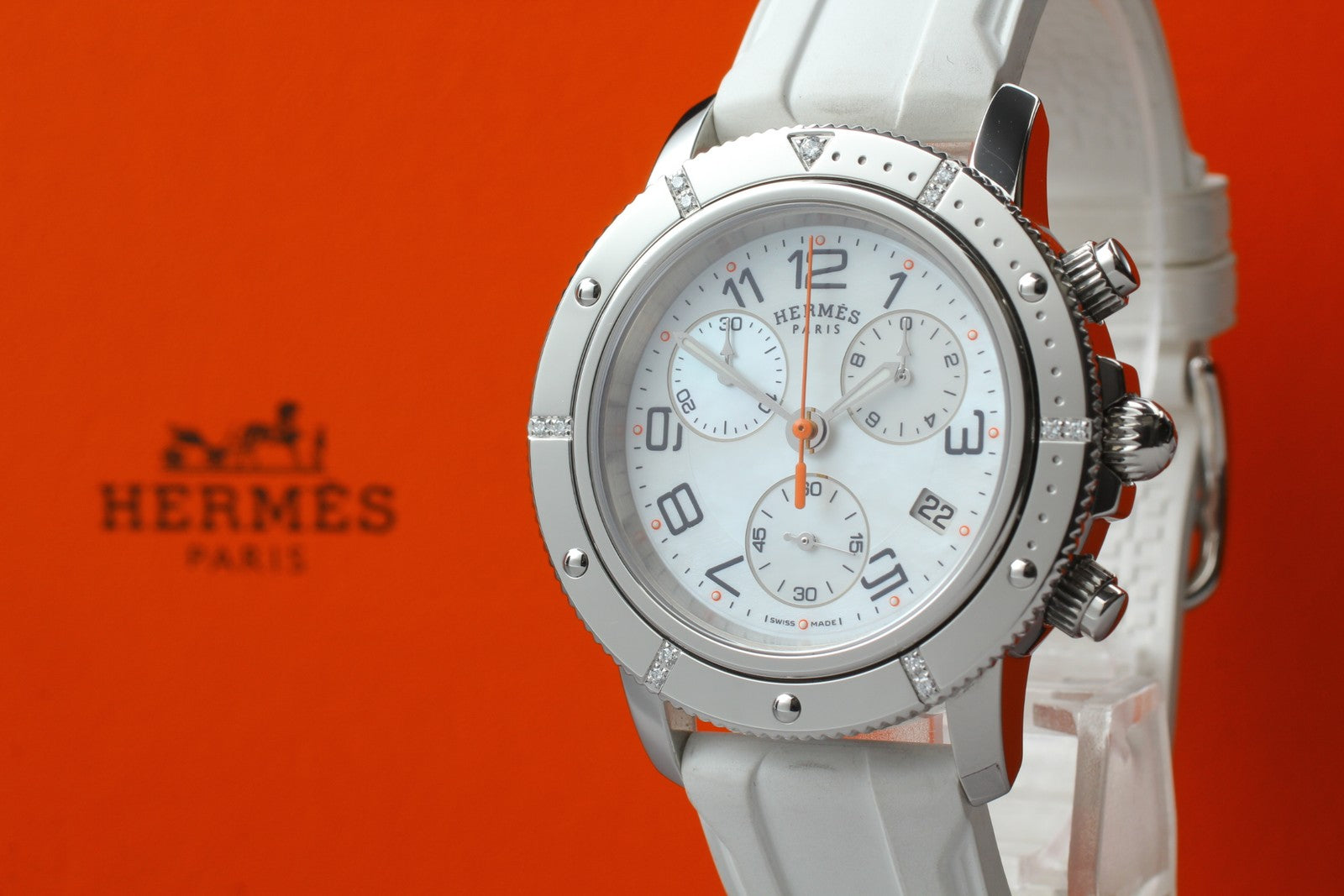 New Batt HERMES Clipper CP2.430 Quartz White Chronograph Men’s Watch 36mm JP Box