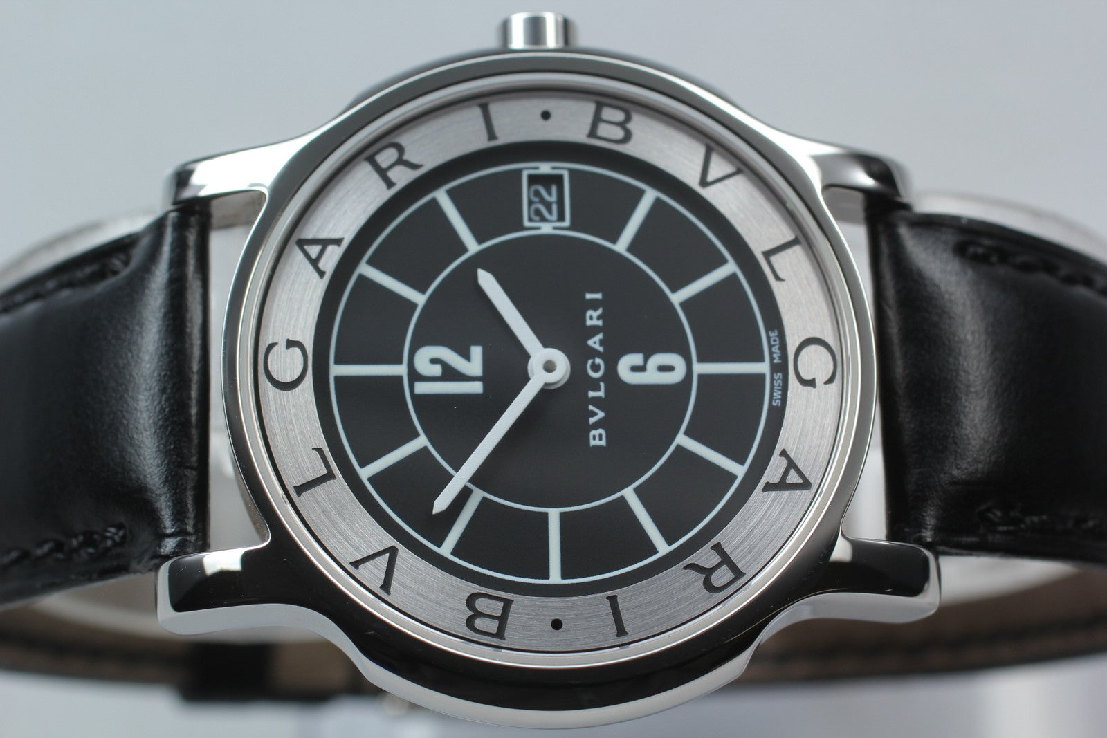 New Batt BVLGARI Solotempo ST35S Quartz Black Dial Date Men's Watch 35mm *N MINT