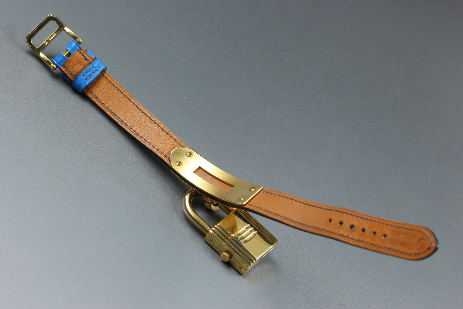 HERMES Kelly Watch Gold Dial Blue "U" 20mm Woman's Watch Quartz Vintage [w/Box]