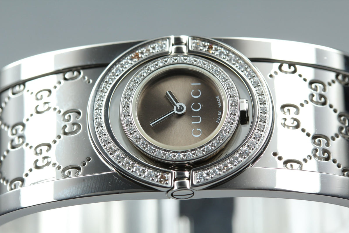 GUCCI 112 Twirl Double Diamond Brown Dial YA112504 23mm Woman's Qz Watch [Box]