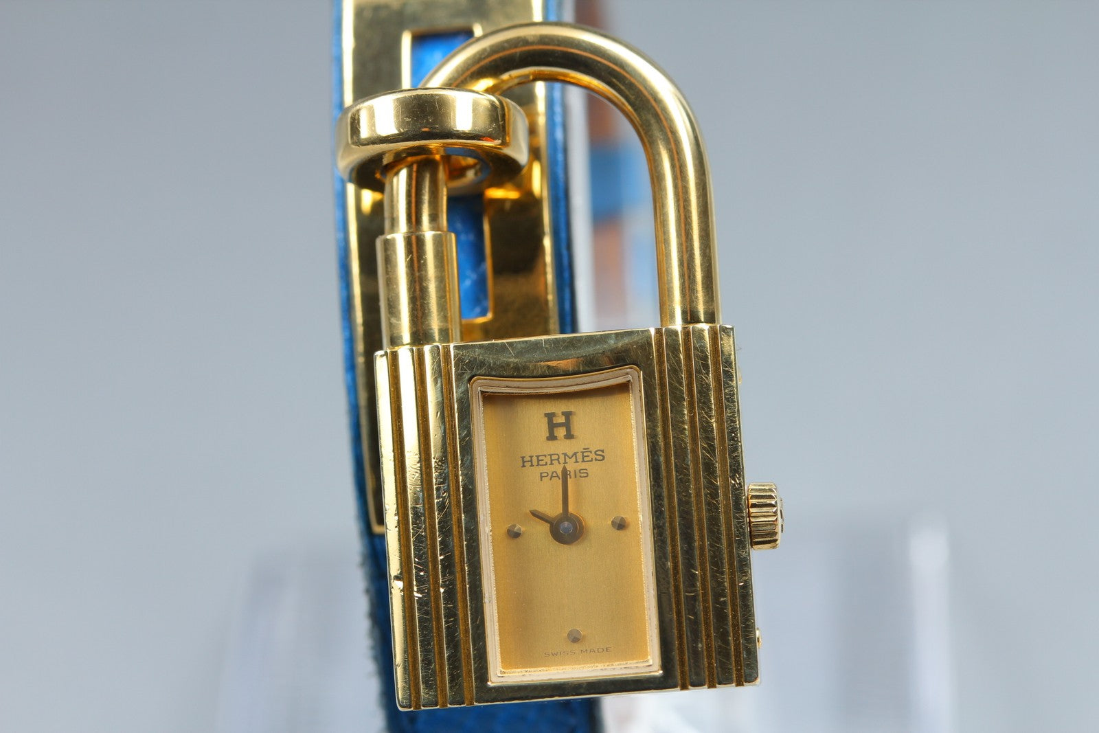Vintage HERMES Kelly Watch Gold Blue Leather "A" Woman's Quartz Watch [Box]