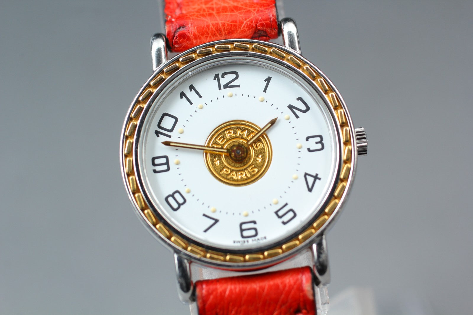 Vintage HERMES Sellier White Dial Red "T" 24mm Woman's Quartz Watch