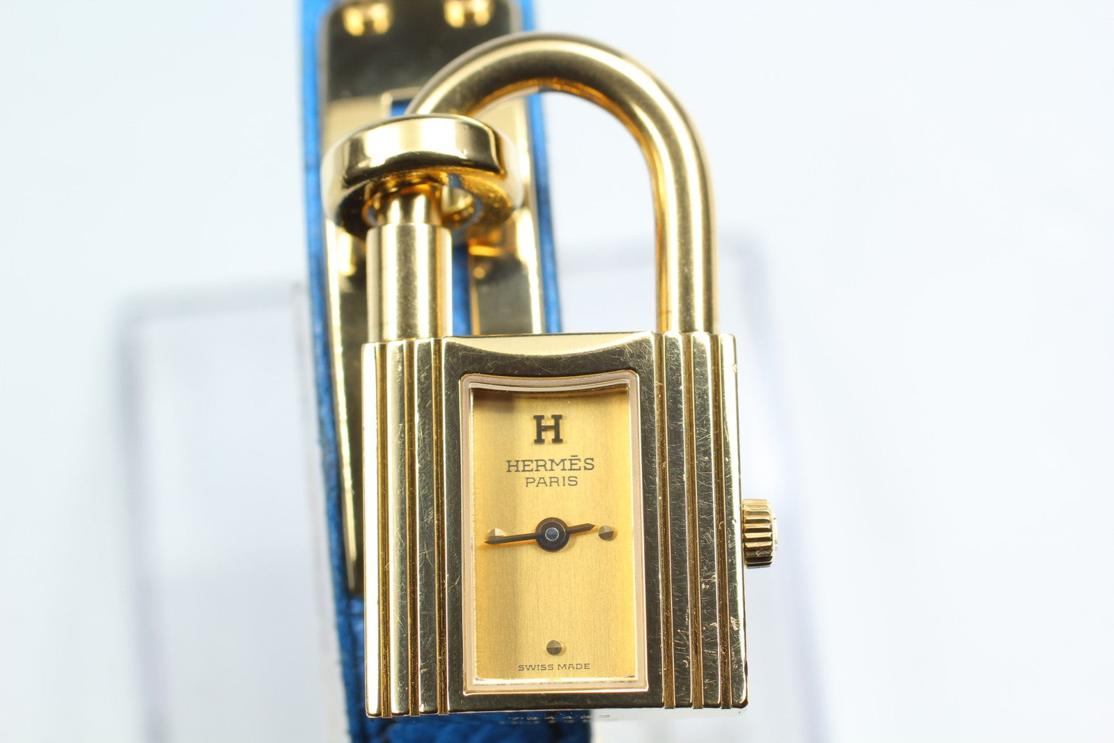 Vintage HERMES Kelly Watch Gold Dial Blue Leather "Y" Womans Watch Quartz [Box]