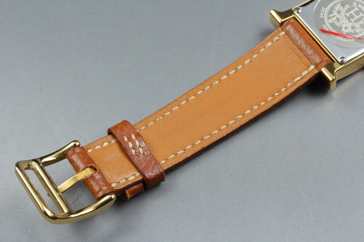 HERMES H Watch Gold Ivory Dial Brown Leather "Y" Woman's Watch Quartz [Box]