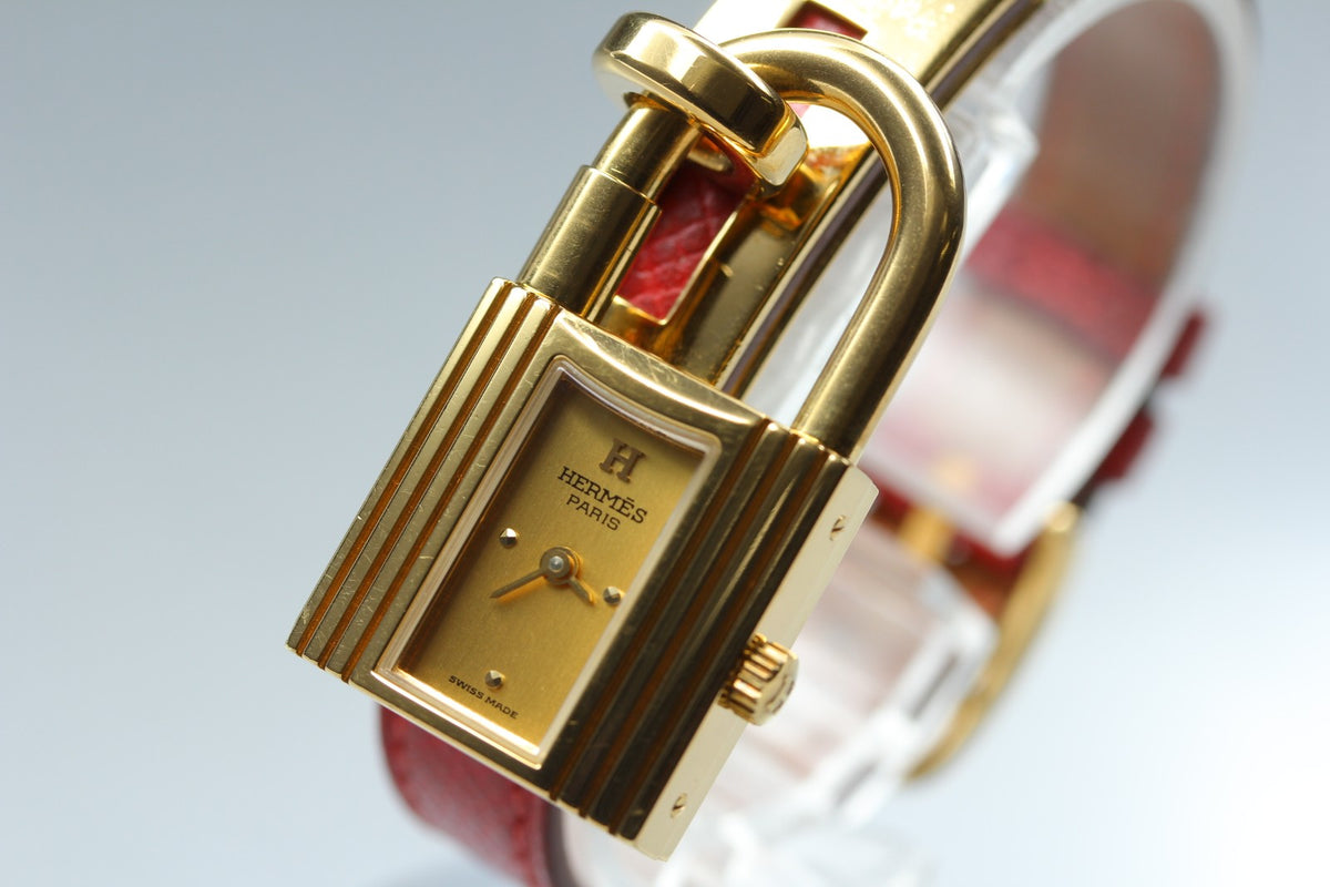 [Overhauled] HERMES Kelly Watch Gold Dial Red Leather "W" Woman's Watch Quartz