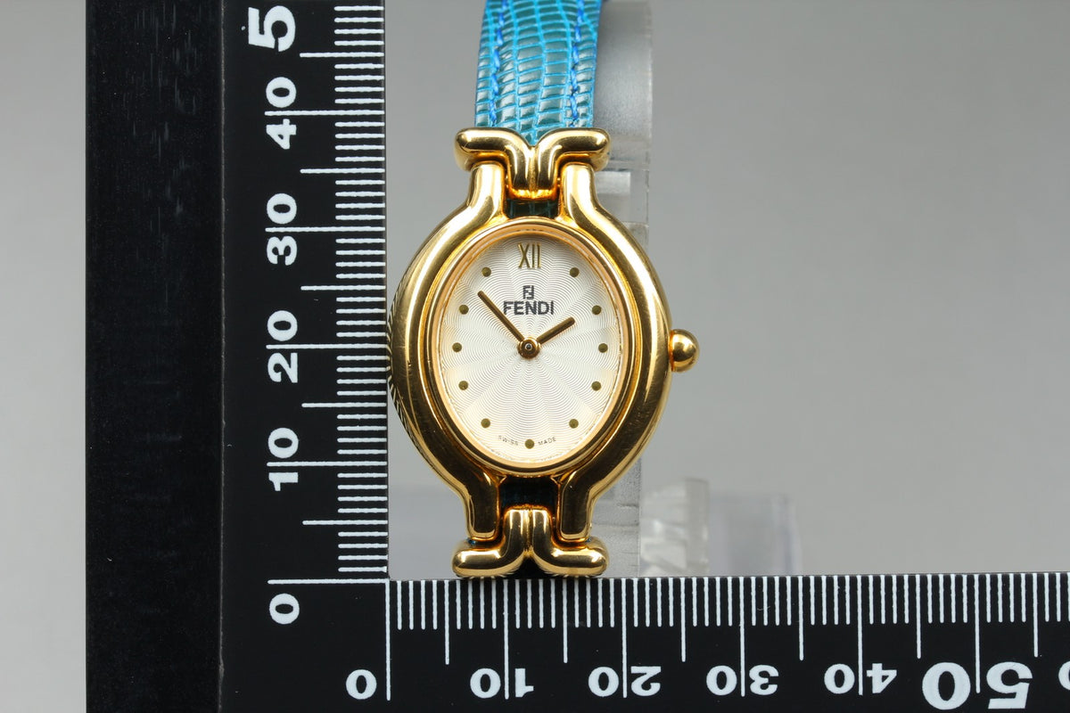 FENDI 640L Chameleon Blue Leather Belt Gold 24mm Women's Quartz Watch Vintage