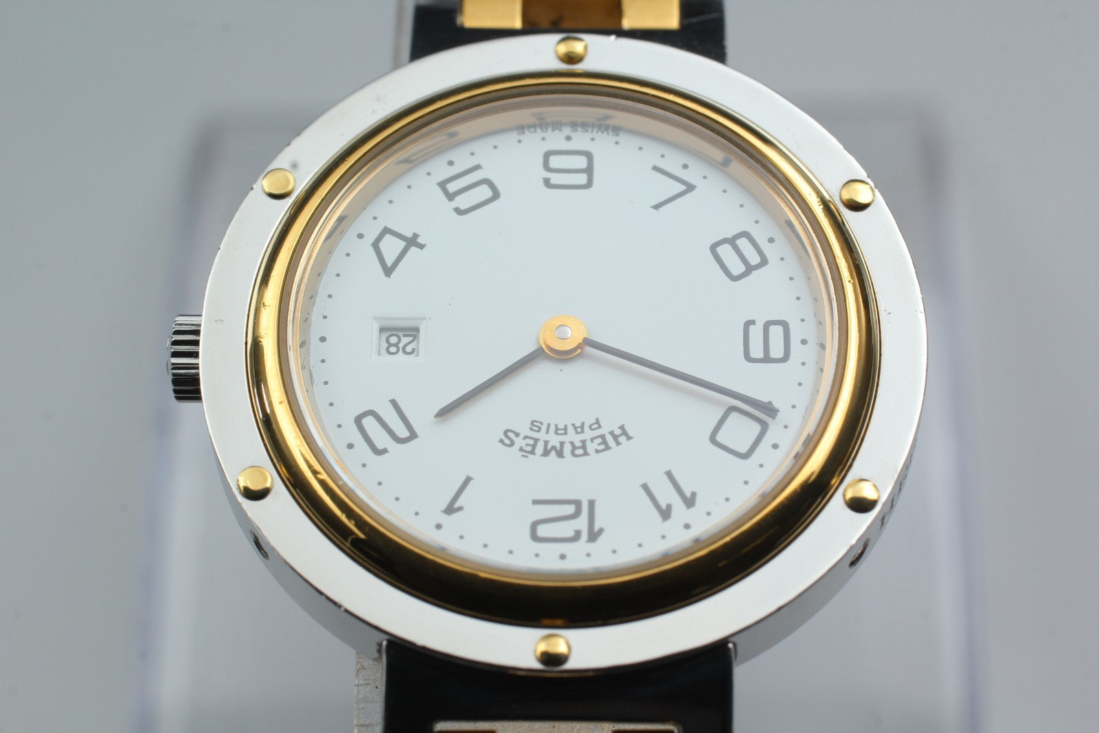 Vintage [Exc+5 Box] Hermes Clipper 30mm White Dial Gold Unisex Watch Quartz