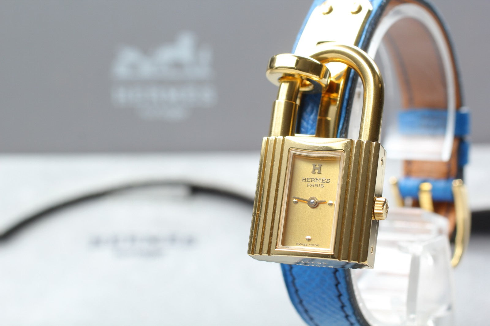 Vintage HERMES Kelly Watch Gold Dial Blue Leather "Y" Womans Watch Quartz [Box]