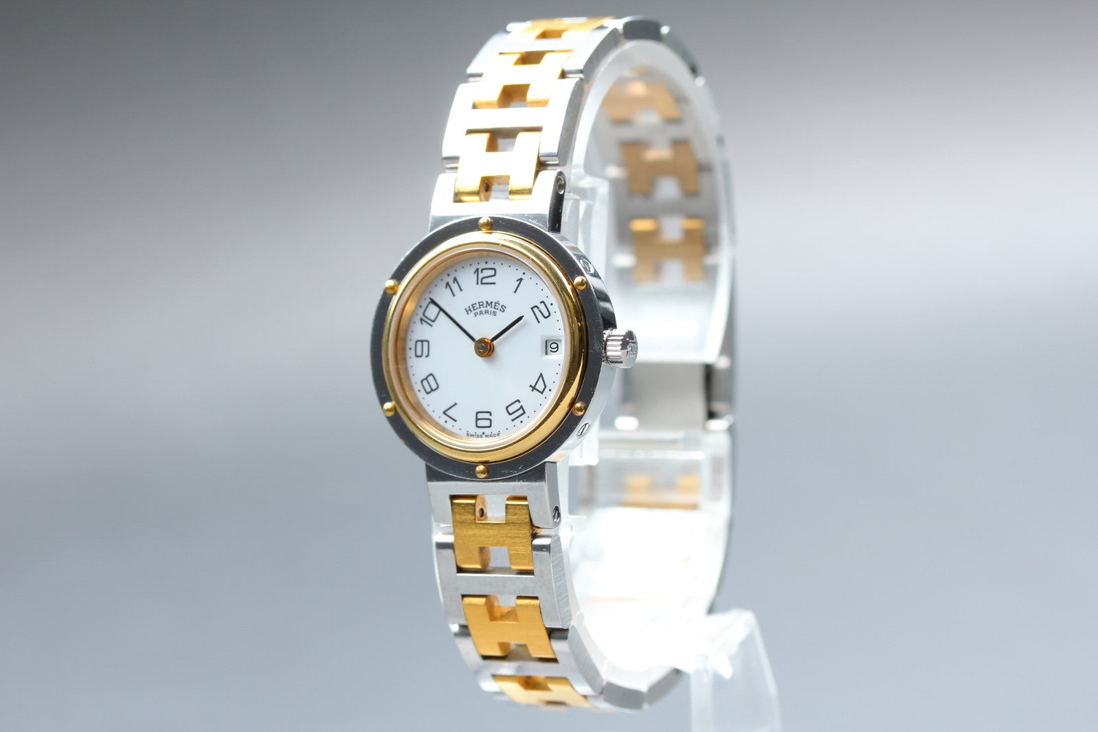 Vintage [Exc+5 Box] Hermes Clipper 24mm White Dial Gold Woman's Watch Quartz
