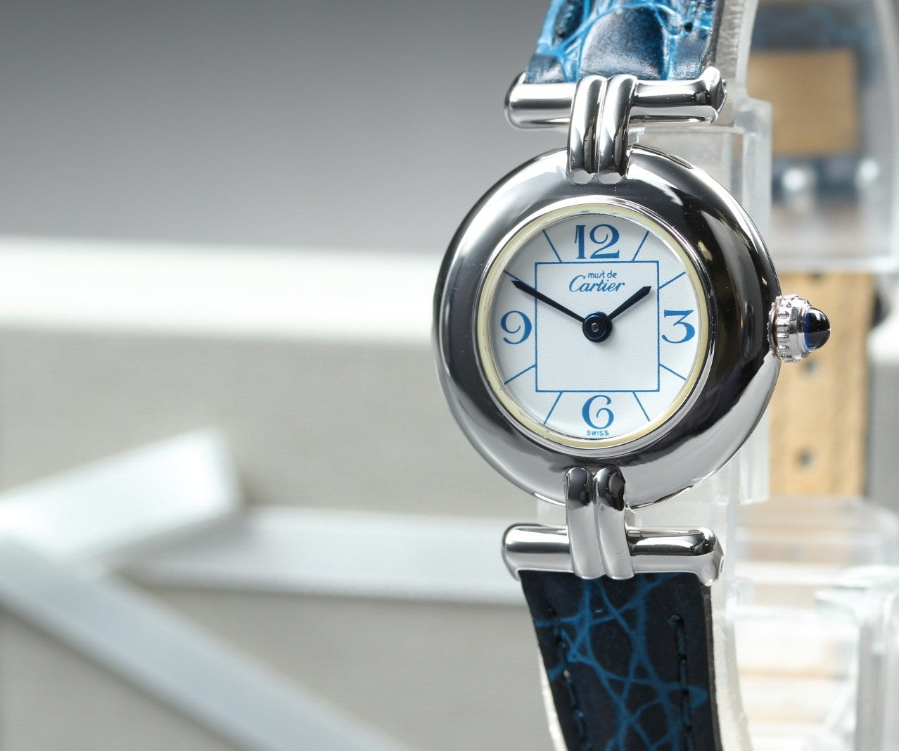 [Overhauled] Cartier Must Colisee Vermeil 2411 Silver Blue Womens Qz Watch Pouch