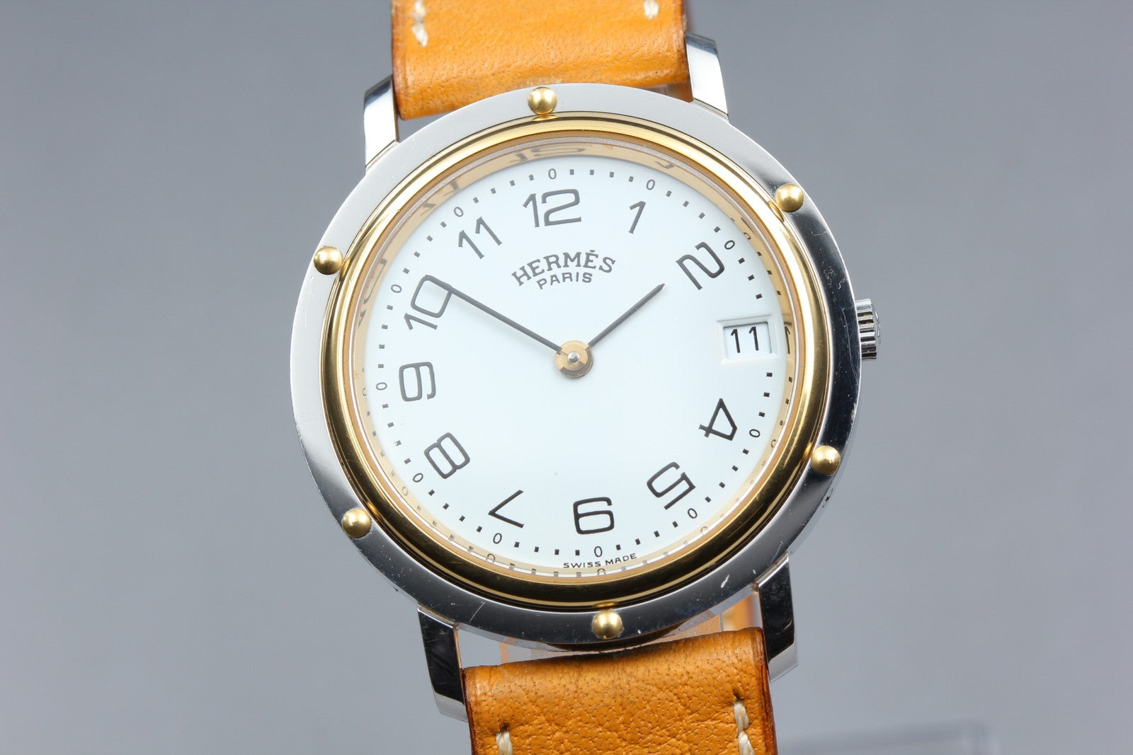 Vintage Hermes Clipper 34mm White Dial Brown Date Unisex Watch Quartz  [w/Box]