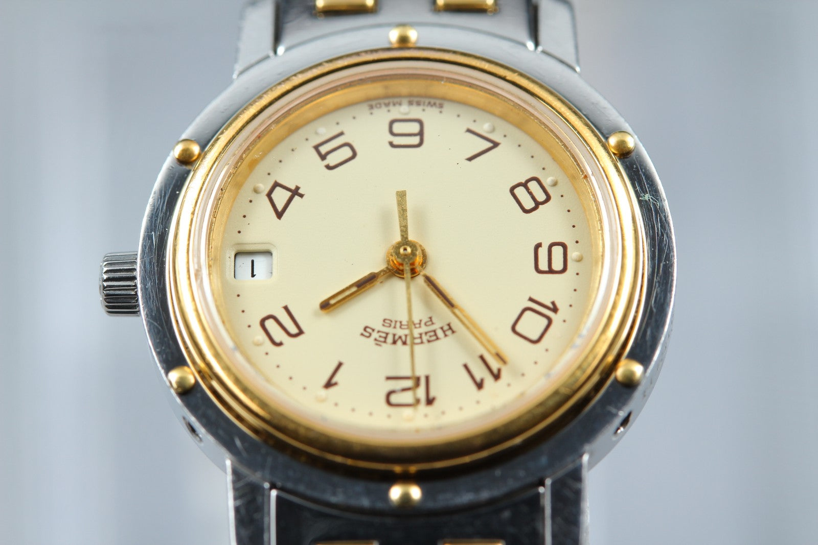 Vintage Hermes Clipper 24mm Ivory Dial Gold Woman's Watch Quartz [w /Box]