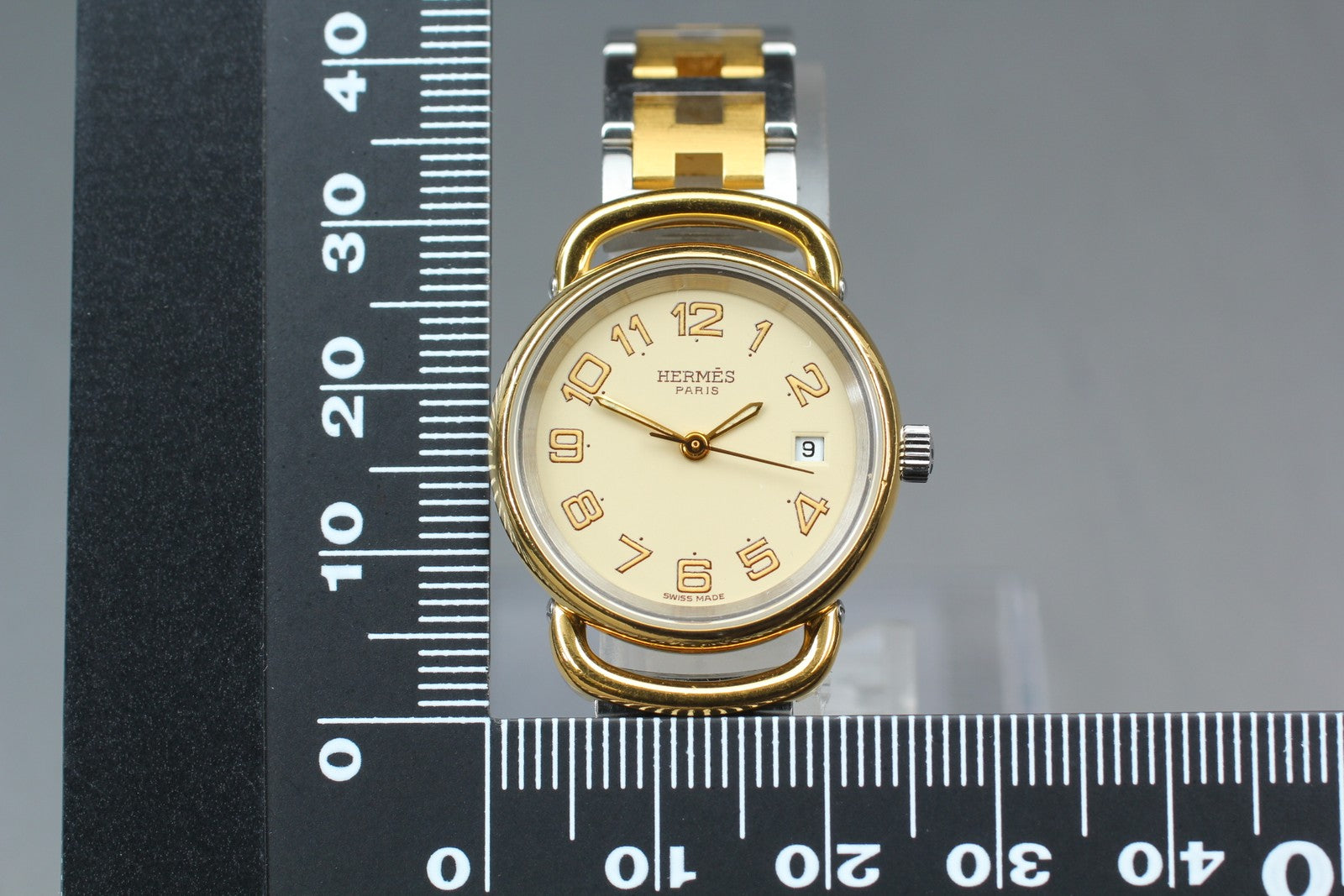 Vintage [Exc+5] Hermes Pullman Gold Ivory Dial 24mm Date Woman's Quartz Watch