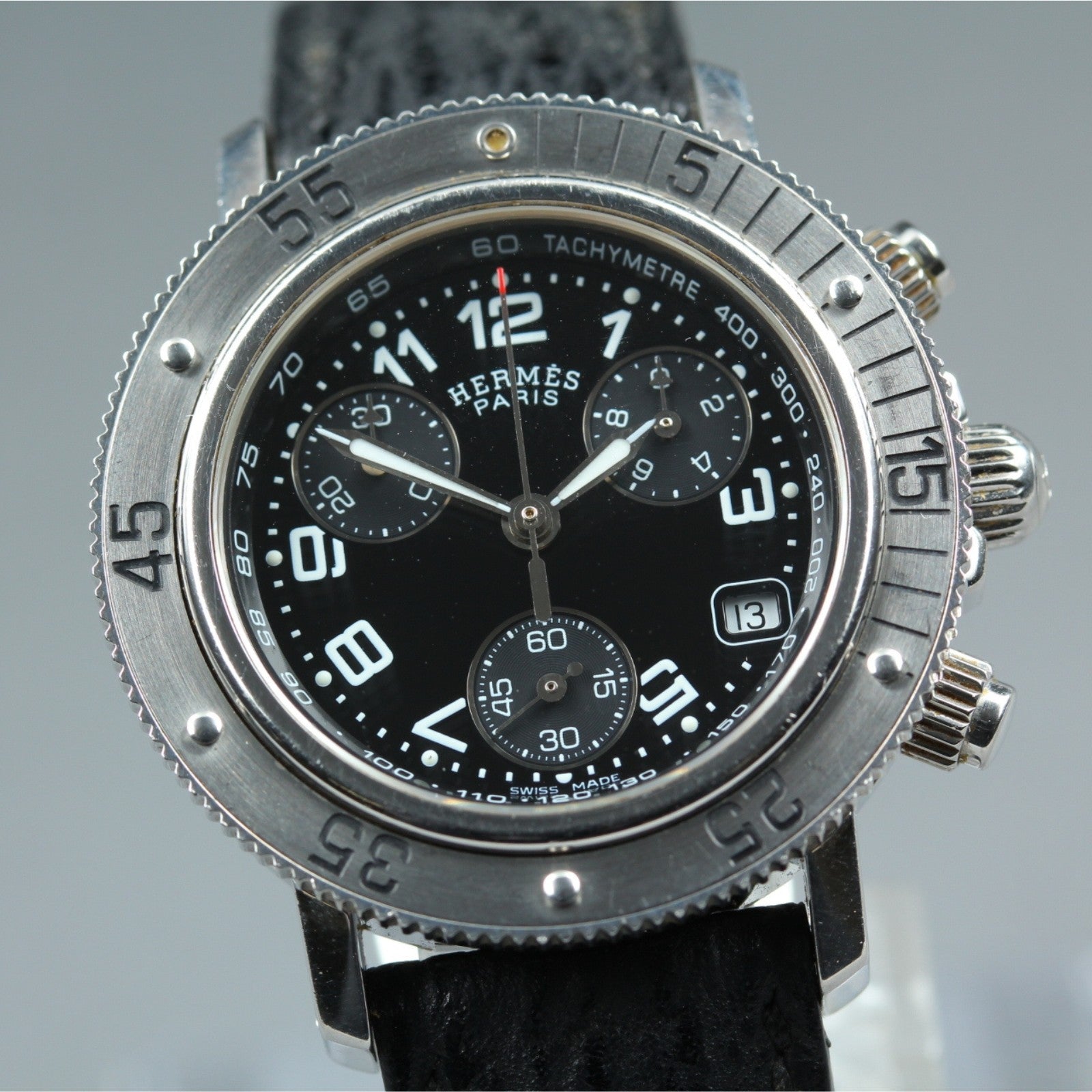 HERMES Clipper CL2.310 Quartz Black Chronograph Women's Watch 33mm Japan Box