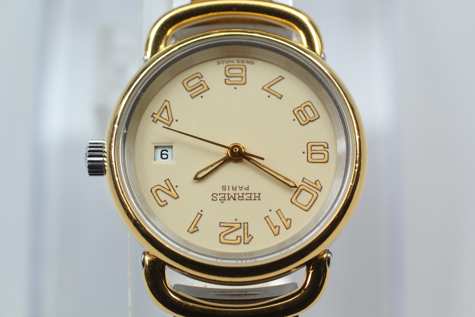 Vintage [Exc+5] Hermes Pullman Gold Ivory Dial 24mm Date Woman's Quartz Watch