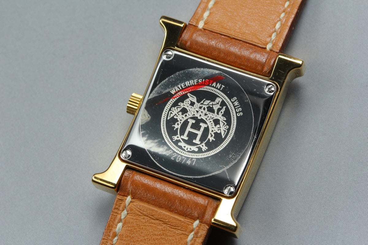 HERMES H Watch Gold Ivory Dial Brown Leather "Y" Woman's Watch Quartz [Box]