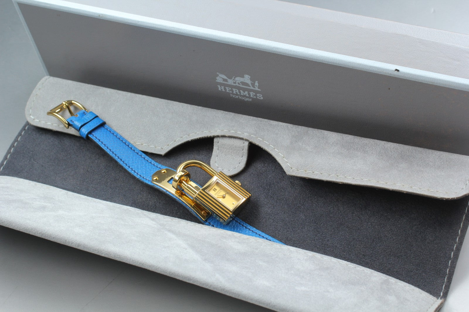 Vintage HERMES Kelly Watch Gold Dial Blue Leather "Y" Womans Watch Quartz [Box]