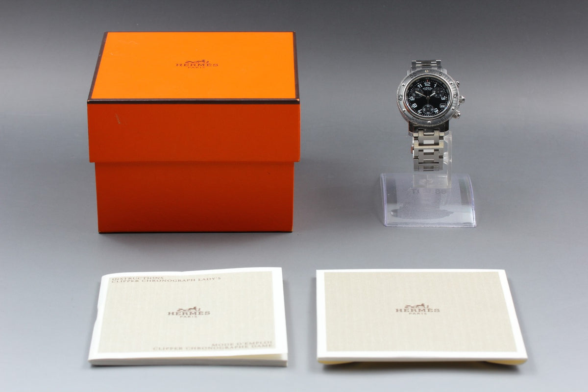 HERMES Clipper Diver Chronograph CL2.310 Quartz Black Women's Watch 33mm JAPAN