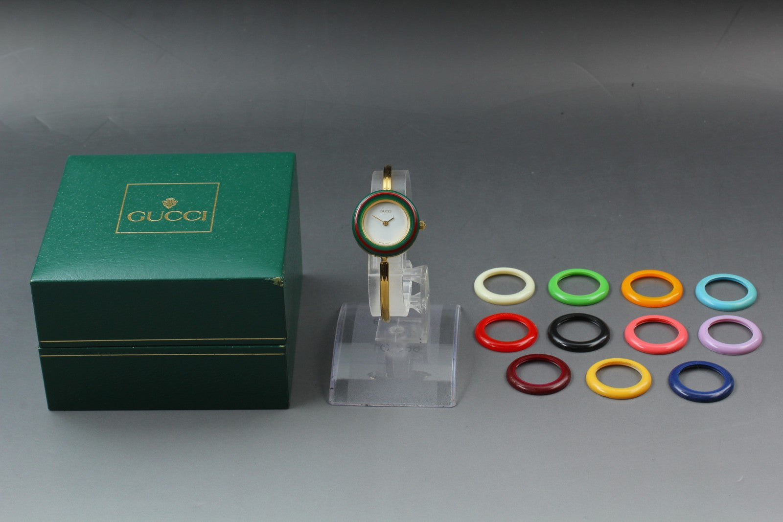 Vintage Gucci Change Bezel 11/12.2 12 Colors Gold Bangle Women's Qz Watch [Box]
