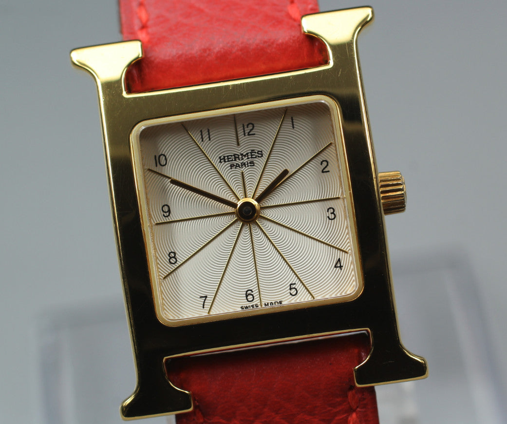 [Exc+5] HERMES H Watch HH1.201 Gold Red "B" 21mm Woman's Watch Quartz From JAPAN