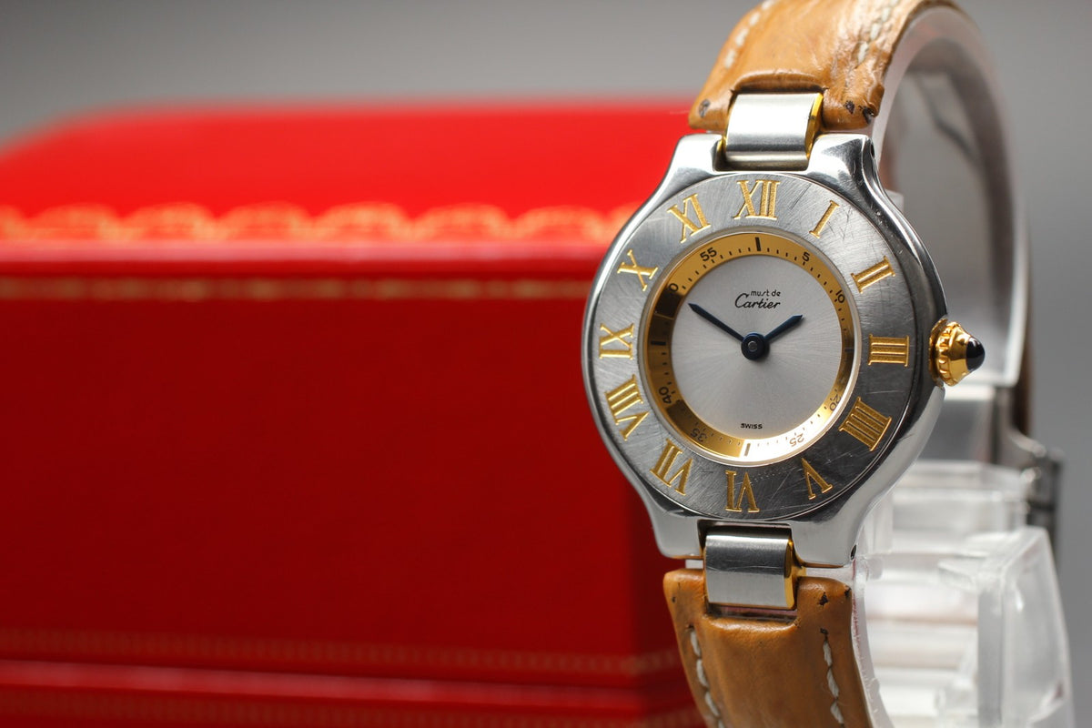 Vintage Cartier Must De 21 1340 Silver Quartz Women's Watch 27mm JAPAN Box