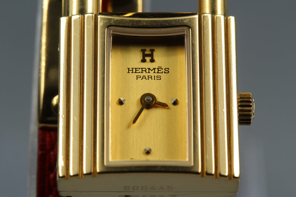 [Overhauled] HERMES Kelly Watch Gold Dial Red Leather "W" Woman's Watch Quartz