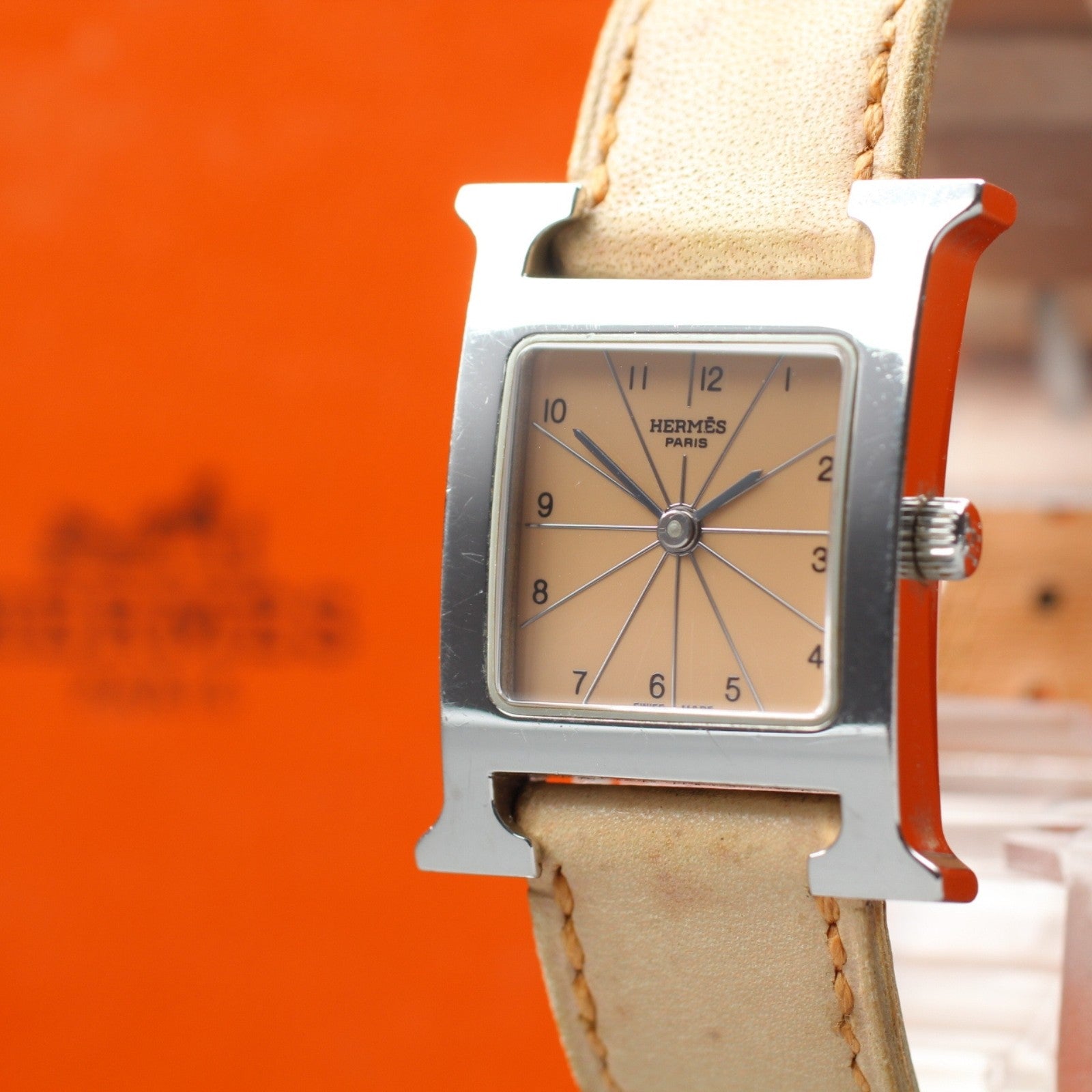 HERMES H Watch HH1.210 Quartz Orange Dial Women's Watch 21mm JAPAN Box