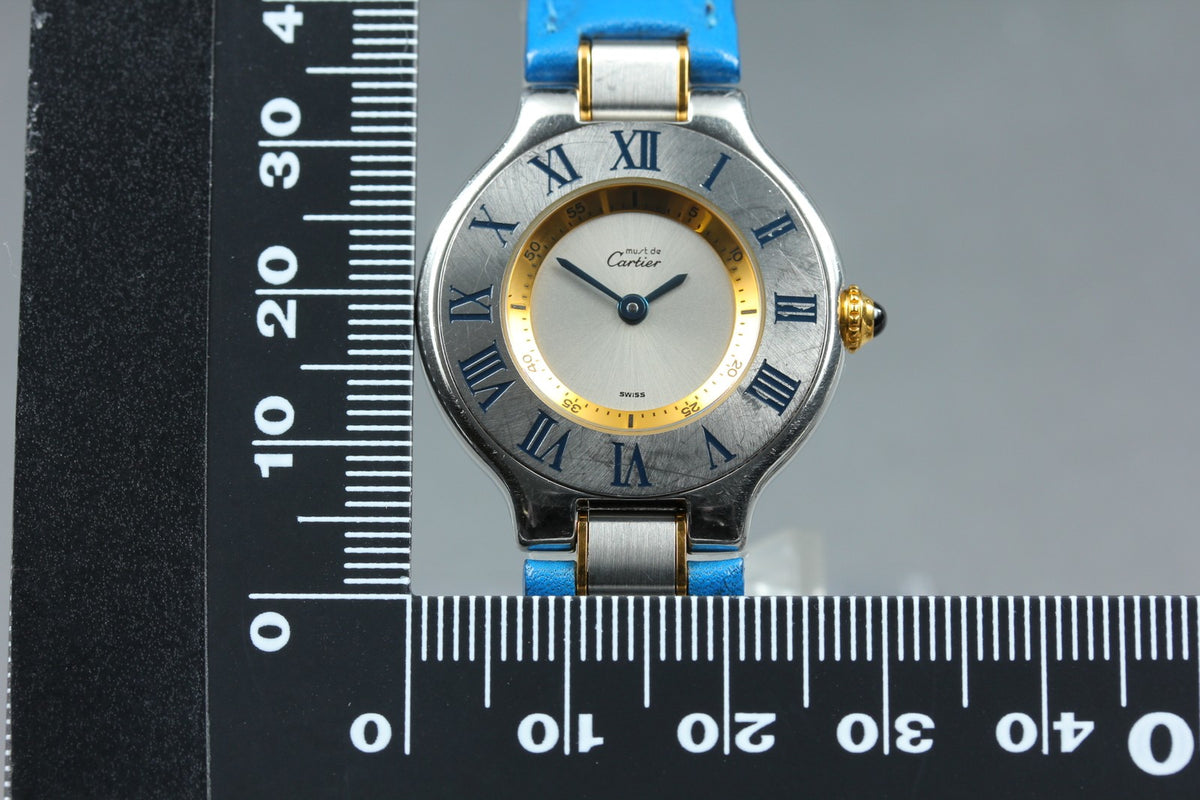 Cartier Must de Cartier 21 1340 Blue Silver 27mm Women's Qz Watch Vintage Pouch